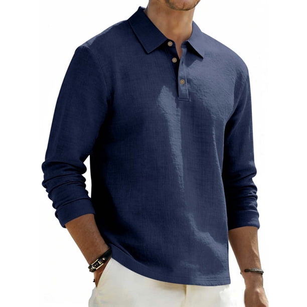 Ceisia Men's Breathable Linen Blend Long Sleeve Polo Shirts, Relaxed Fit Casual Collared Shirts for Daily Wear Gifts