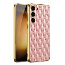 SaniMore Case for Samsung Galaxy S23 6.1" 2023, PU Leather Lattice Skin Shockproof TPU Plating Bumper Pen Holder Luxury Lens Protection [Wireless Charging] Anti-drop Girly Shell For Galaxy S23, Pink