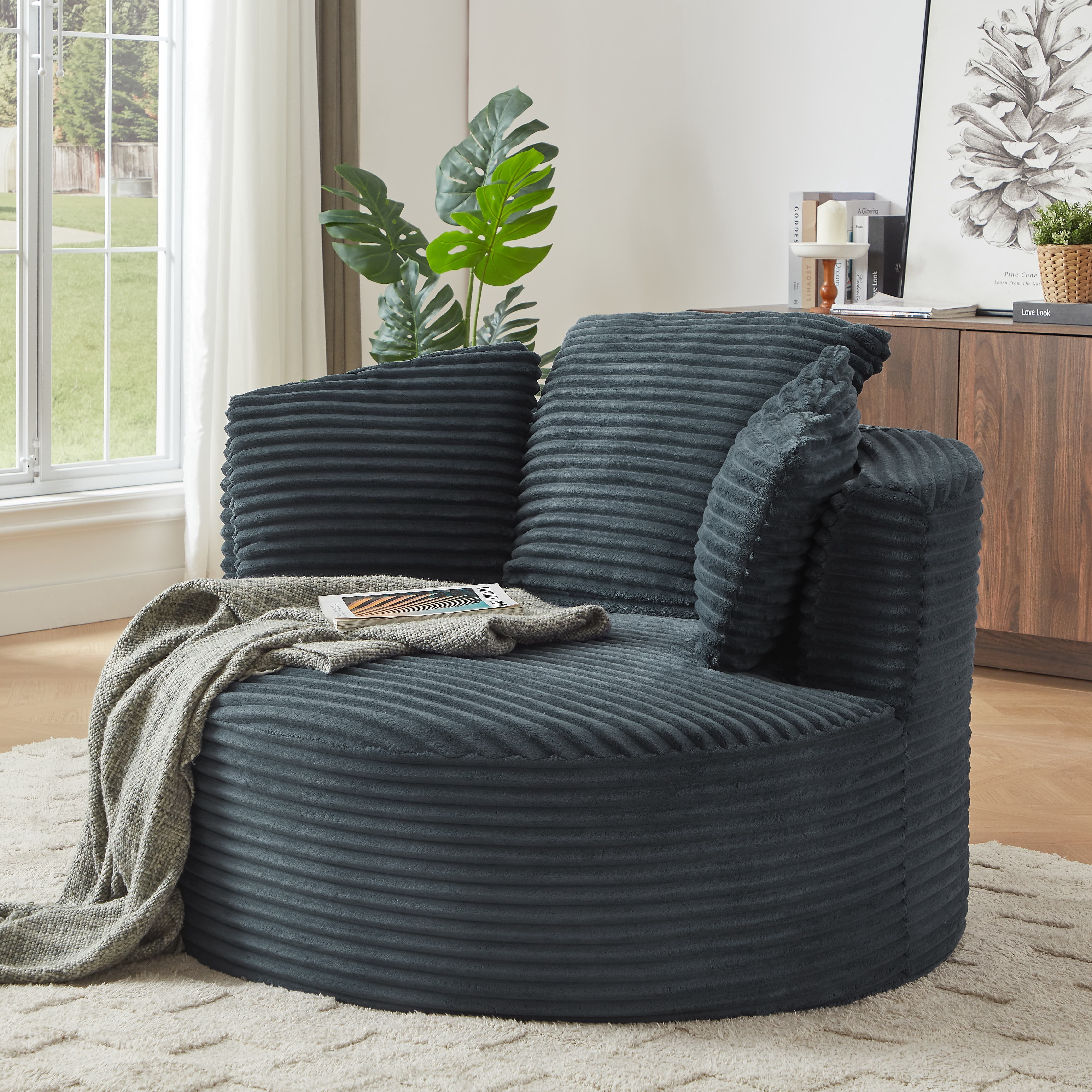 Aukfa Modern Corduroy Round Accent Chair, Compressible Chaise Lounge for Living Room & Bedroom, No Assembly,Dark Gray
