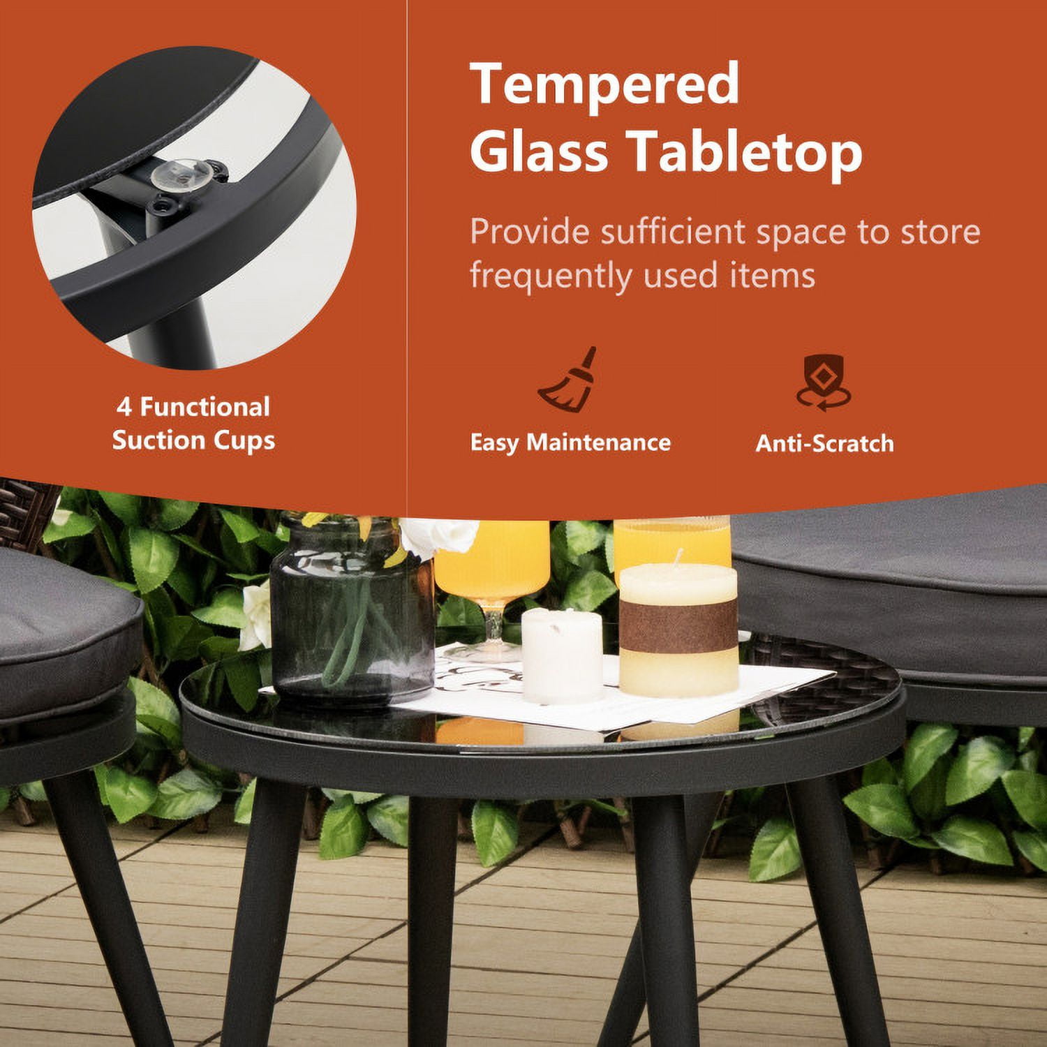 Aimee Lii 3 Pieces Patio Rattan Bistro Set with Cushions and Glass Tabletop, Patio Conversation Sets, Brown Aimee Lii 3 Pieces Patio Rattan Bistro Set with Cushions and Glass Tabletop, Patio Conversation Sets, Brown