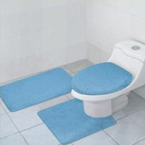 High Pile 3 Piece Bathroom Set Bath Mat Contour Rug & Lid Cover White & Black 