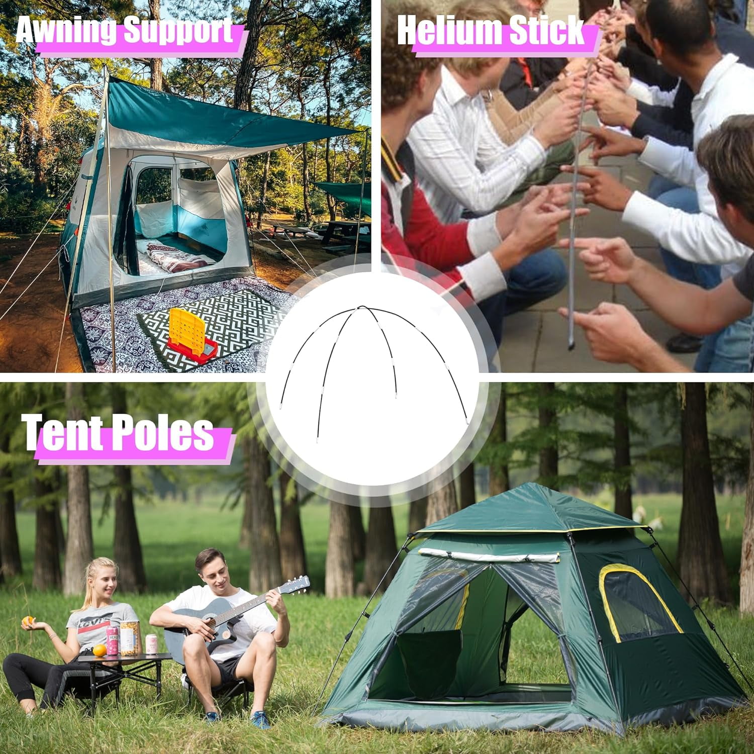 Betus Fibreglass Tent Poles Replacement - Pre-Assembled Black Tent Pole for Hiking & Camping - Easy to Install Outdoor Tent Repair Rod (12Ft)