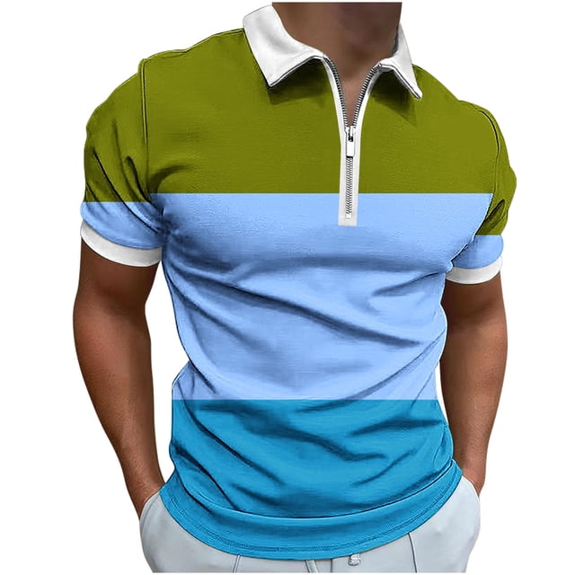 FAIWAD Mens Short Sleeve Shirts Zipper Striped Patchwork T-Shirt Basic Lapel Athletic Tennis Tops