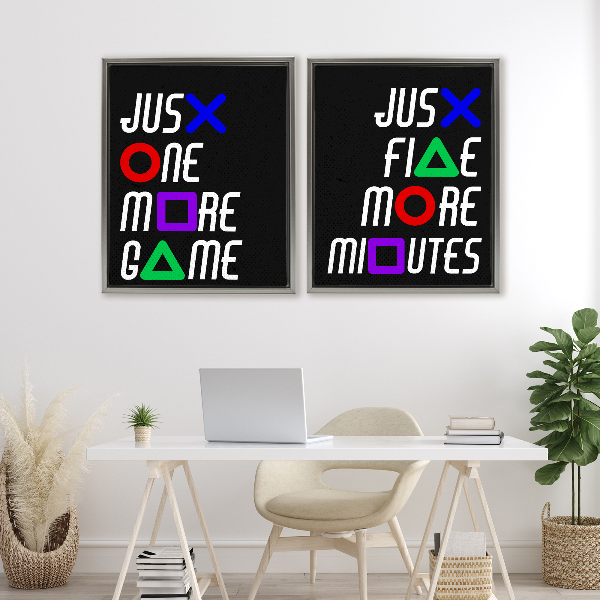 Gamer Button Symbols Phrases 2 Piece Gray Framed Floater Canvas Set, design by Kim Allen