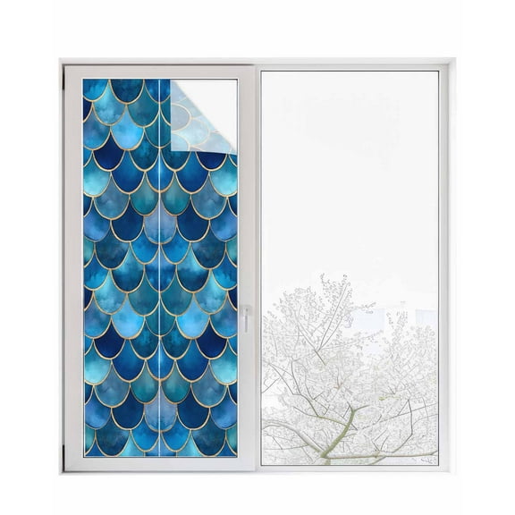 Window Privacy Film Blue Ombre Scale Stained Glass Window Film Decorative Sun Block Window Cover Abstract Art Ocean Coastal Window Clings Static Adhesive Sticker for Bathroom 23.6"x59"