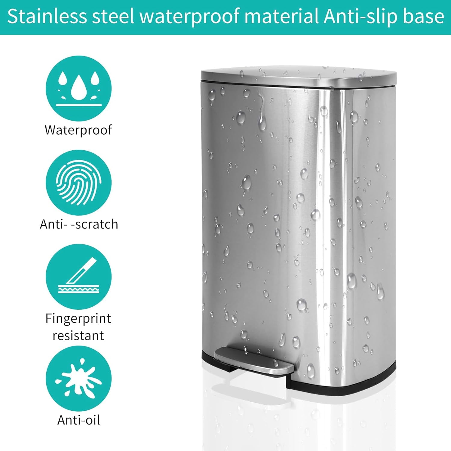 Dkelincs 13 Gallon Kitchen Trash Can with Lid Step Garbage Bin Stainless Steel Waste Bin for Home Office, Silver