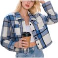 thumbnail image 5 of larppty Flannels for Women Cropped Shacket Jacket Fashion Plaid Button Down Shirt 2025 Fall Coat Tops (Blue, M), 5 of 8