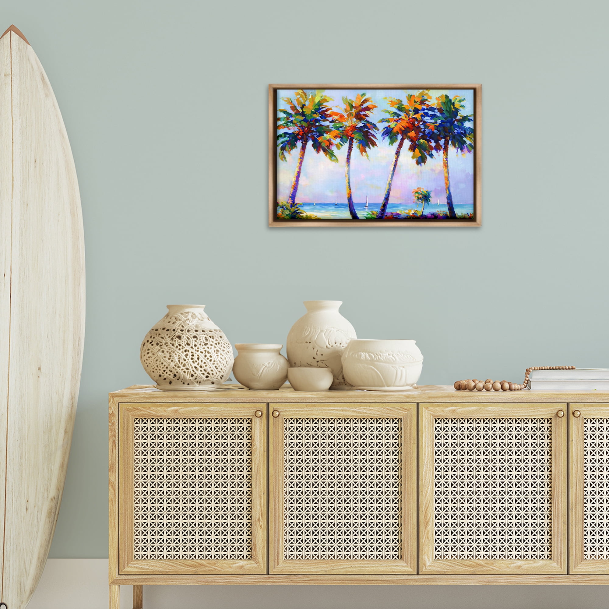 Stupell Industries Palm Trees in Sun Warmth Landscape Painting Brown Floater Framed Canvas Art Print Wall Art, 25 x 17