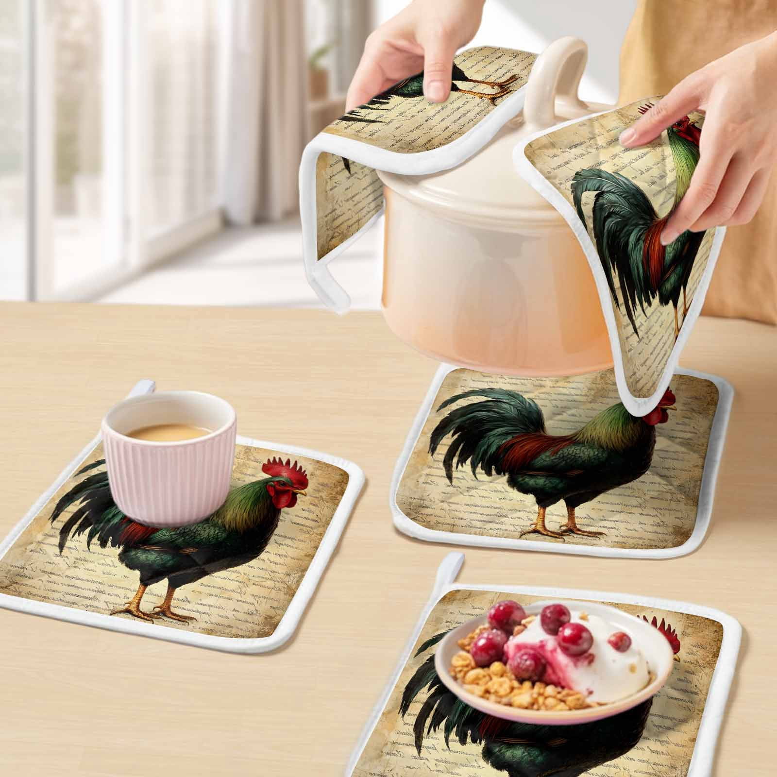 Retro Rooster Pot Holders for Kitchen Heatproof Potholder, 4 Pack Farmhouse Vintage Animal Watercolor Hot Pads Multipurpose Oven Pads Cloth Potholders Trivet for Cooking and Baking