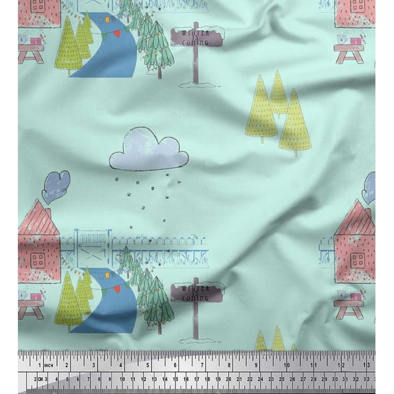 Soimoi Green Cotton Voile Fabric Clouds & Tree Christmas Print Fabric by the Yard 42 Inch Wide