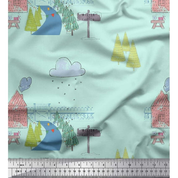Soimoi Green Cotton Voile Fabric Clouds & Tree Christmas Print Fabric by the Yard 42 Inch Wide