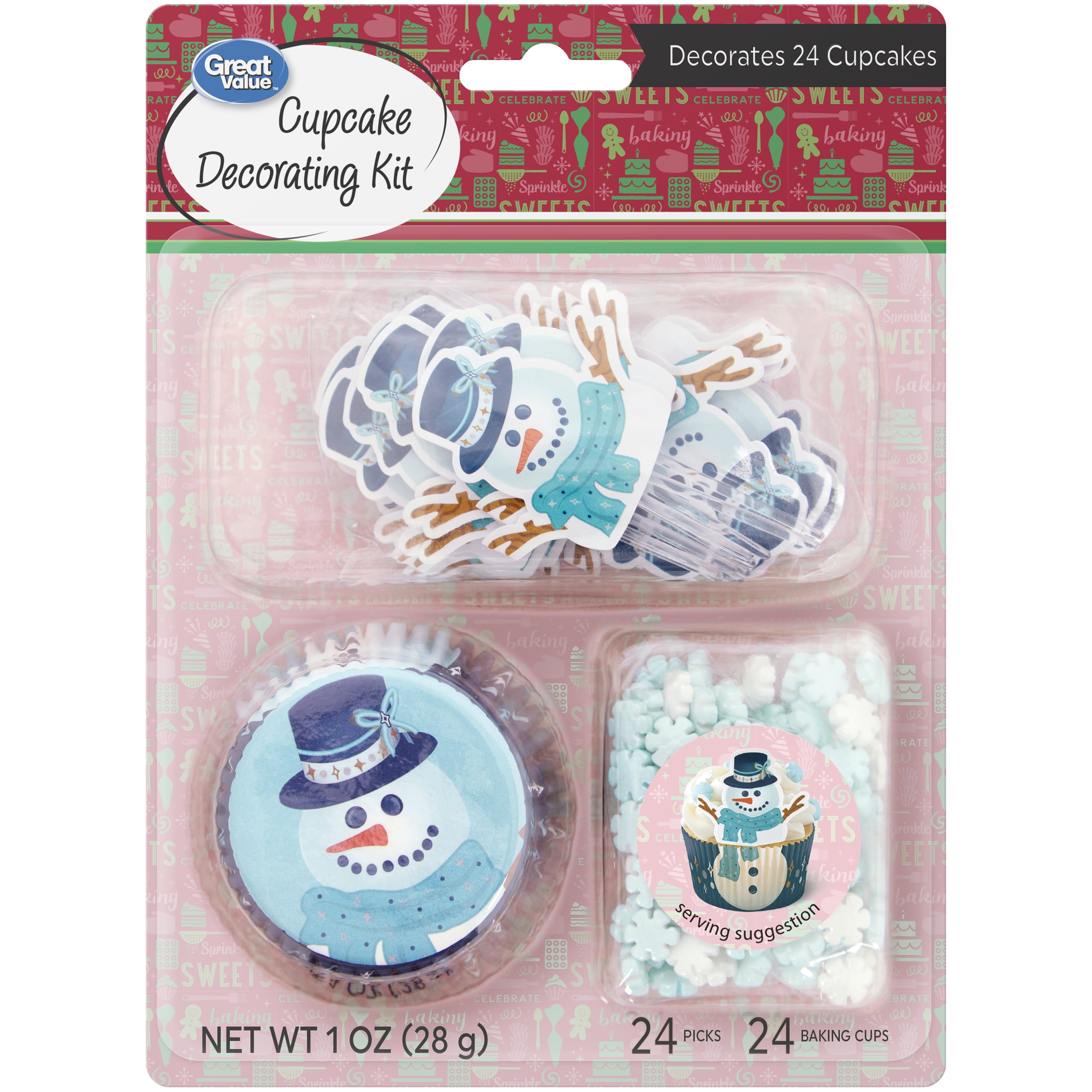 Great Value Christmas Snowman Cupcake Decorating Kit, 24Count