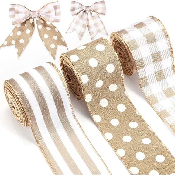 3 Rolls Burlap Wired Ribbons Plaid Wrapping Striped Gingham Grosgrain Ribbon Dot Pattern for DIY Crafts Party Home Decoration, 2.5 Inch x 15 Yards