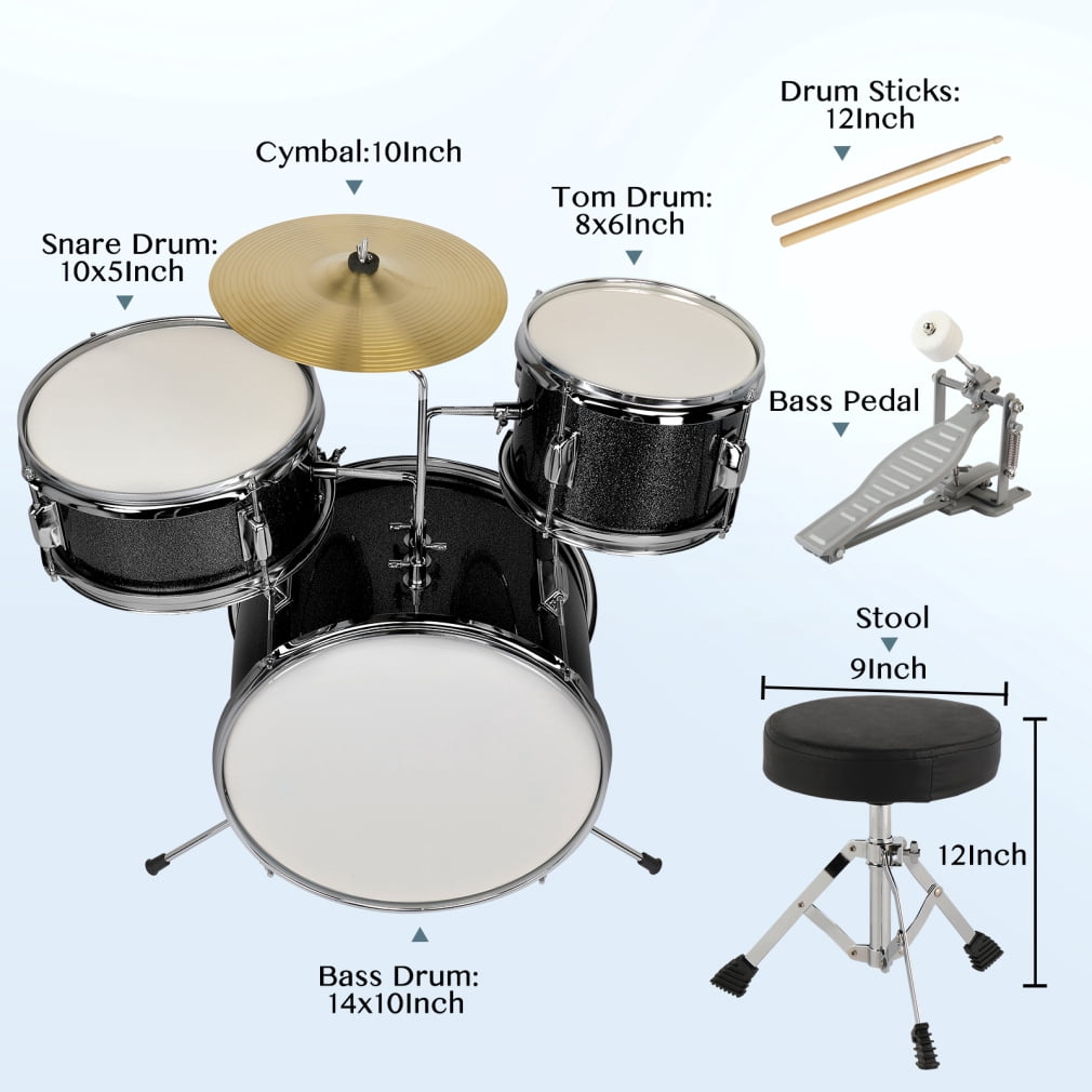 Kids Drum Set, 3-Pieces Junior Beginner Drum Kit with Adjustable Throne Stool, Bass Drum Pedal and 2 Drumsticks, 14 Inch Drum Musical Instruments with Cymbal, Tom and Snare Drum, Black