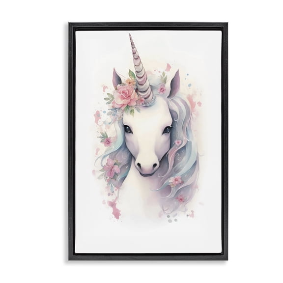 Stupell Industries Unicorn with Pink Flower Crown Black Framed Floater Canvas Wall Art, design by Creative Studio