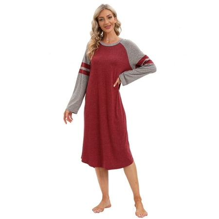 

WBQ Long Nightgown Womens Crew Neck Loungewear Raglan Long Sleeve Sleepwear Loose Sleep Dress Red S-2XL