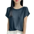 thumbnail image 3 of Women's Summer Short Sleeve Round Neck Tops Shirts Blouses Solid Color Knit Loose Fit Casual Daily Wear Work Office Vacation Fashion Essential Gift for Women | CSEONE,Blue XL, 3 of 9