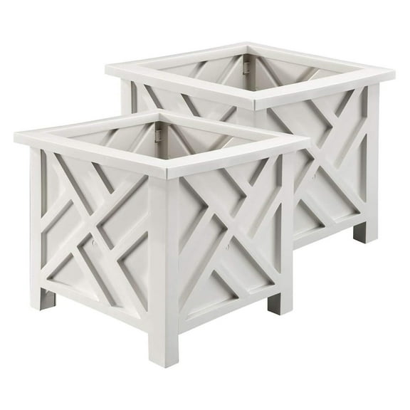 Set of 2 Chippendale Planter Boxes, White – Outdoor Flower Holder for Garden, Patio and Lawn – 14 ¾” sq. x 13 ¼ H Overall White Set of 2