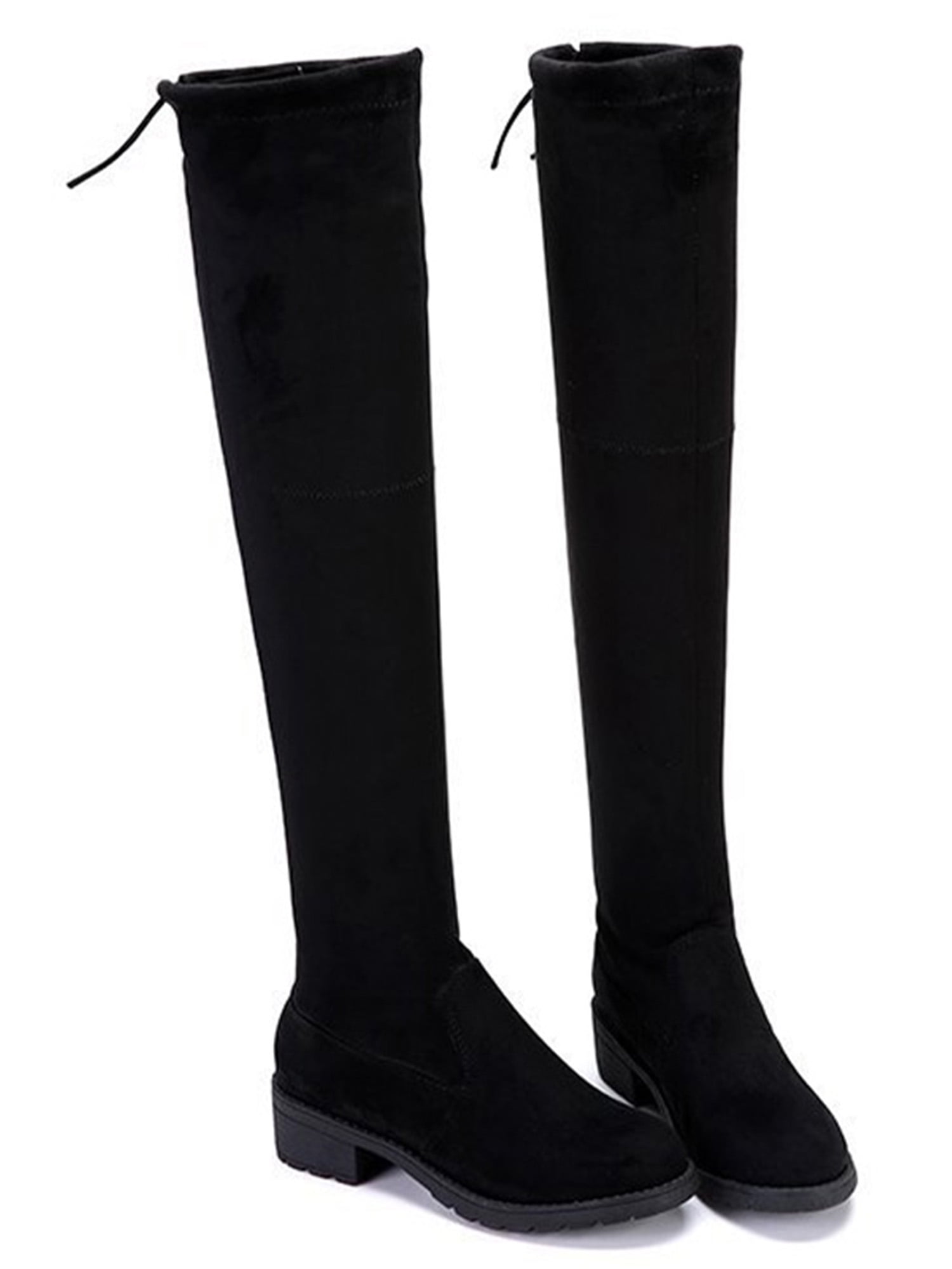 Woobling Women Comfort Over The Knee High Boots Drawstring Winter Shoe Party Block Cotton Lined Black 5.5, Women's