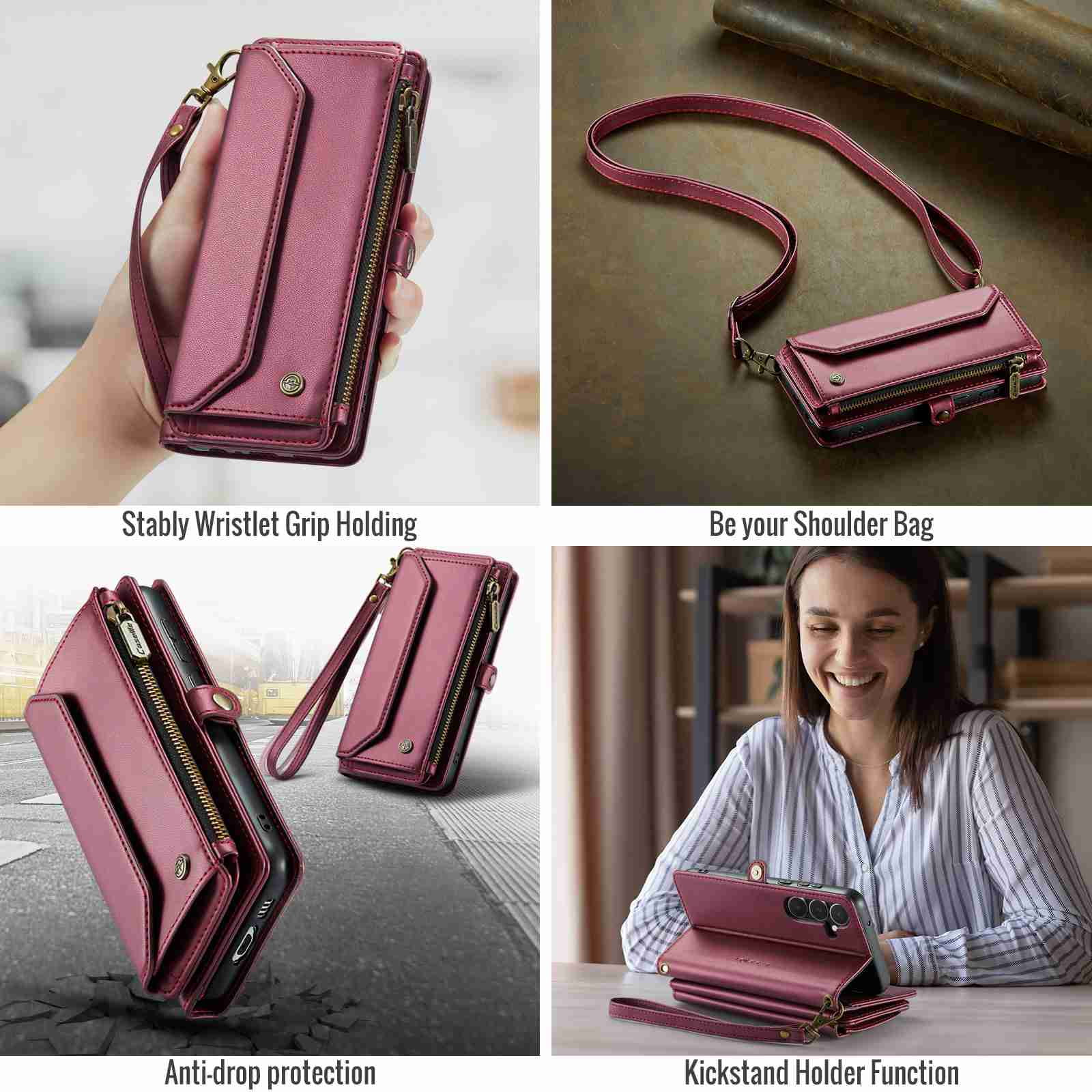 Dteck for Samsung A23 Case with RFID Blocking Wallet Case for Women Men, Shockproof PU Leather Magnetic Flip Strap Zipper Card Holder Phone Case,Winered