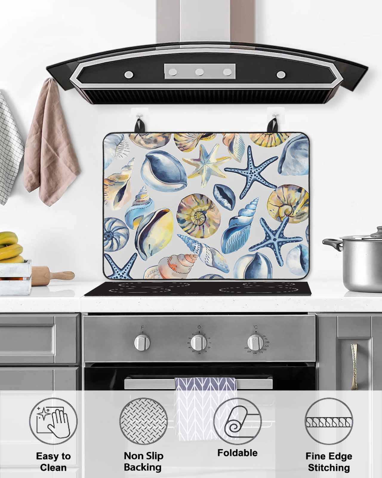 nqOlkjepod Large Induction Cooktop Protector Mat 24"x21", Ocean Coastal Stove Top Covers for Electric Stove, Summer Nautical Starfish Conch Shells Stove Burner Cover Mats, Glass Top Stove Cover