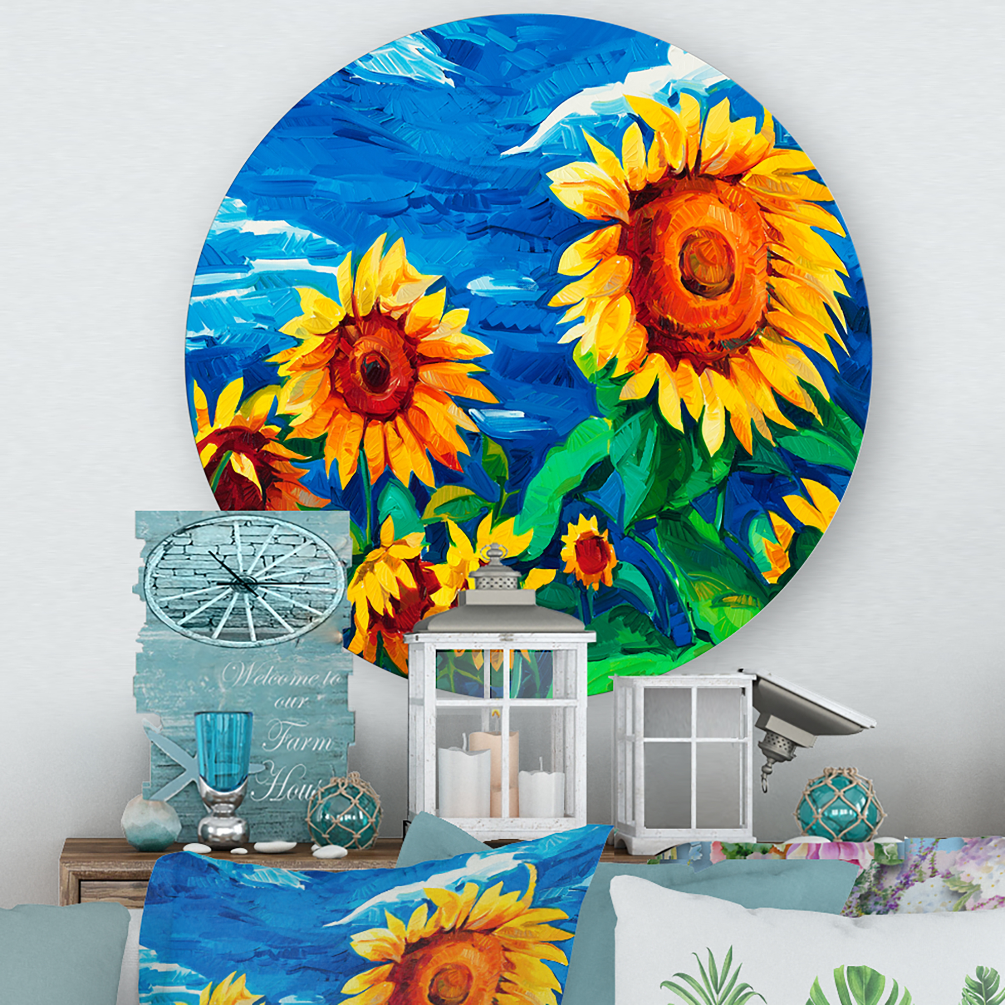 Sunflowers Field Under A Bright Blue Sky 11 in x 11 in Painting Art Prints, by Designart