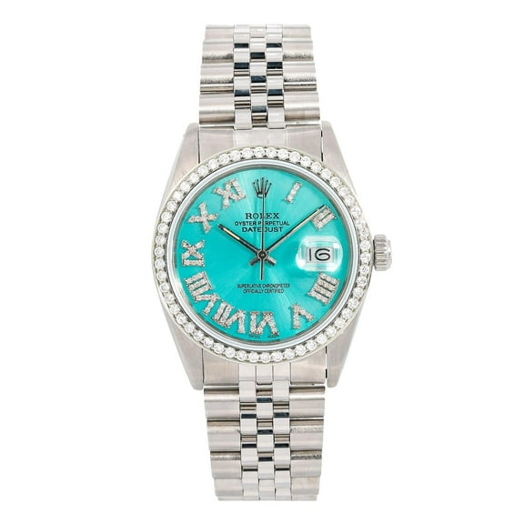 Pre-Owned Rolex Datejust 36MM 1601 Turquoise Roman Diamond Dial Diamond Bezel Stainless Steel Jubilee Bracelet
