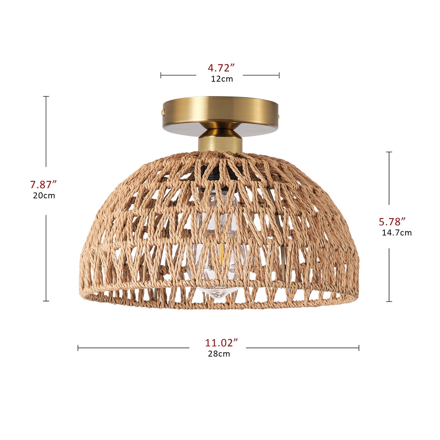 Modern Gold Ceiling Light, Rustic Boho Cage Semi Flush Mount Ceiling Light, Coastal Light Fixture for Bedroom Dining Room Kitchen Foyer Hallway