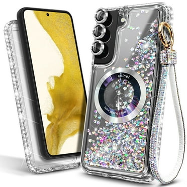 NageBee Magnetic Case for Samsung Galaxy S22  / S22 Plus | MagSafe Compatible | Jewel Camera Lens & Wrist Strap Lanyard | Glitter Floating Liquid Cover (Clear Gem)