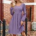 thumbnail image 2 of WTOBBY Women's Fashion Round Neck Casual Slim Solid Waist Long Sleeve Dresses - Elegant and Fitted Dress with Waist Accent, Perfect for Slimming Silhouettes or Office Wear,Purple S, 2 of 5