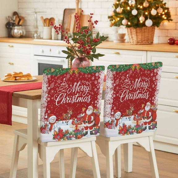 Merry Christmas Chair Covers Set of 6 Xmas Santa Elk Snowman Gifts Bell Winter Snowflake Red Chair Back Covers Stretch Removable Washable Slipcovers Protector for Dining Room Kitchen Party Decor