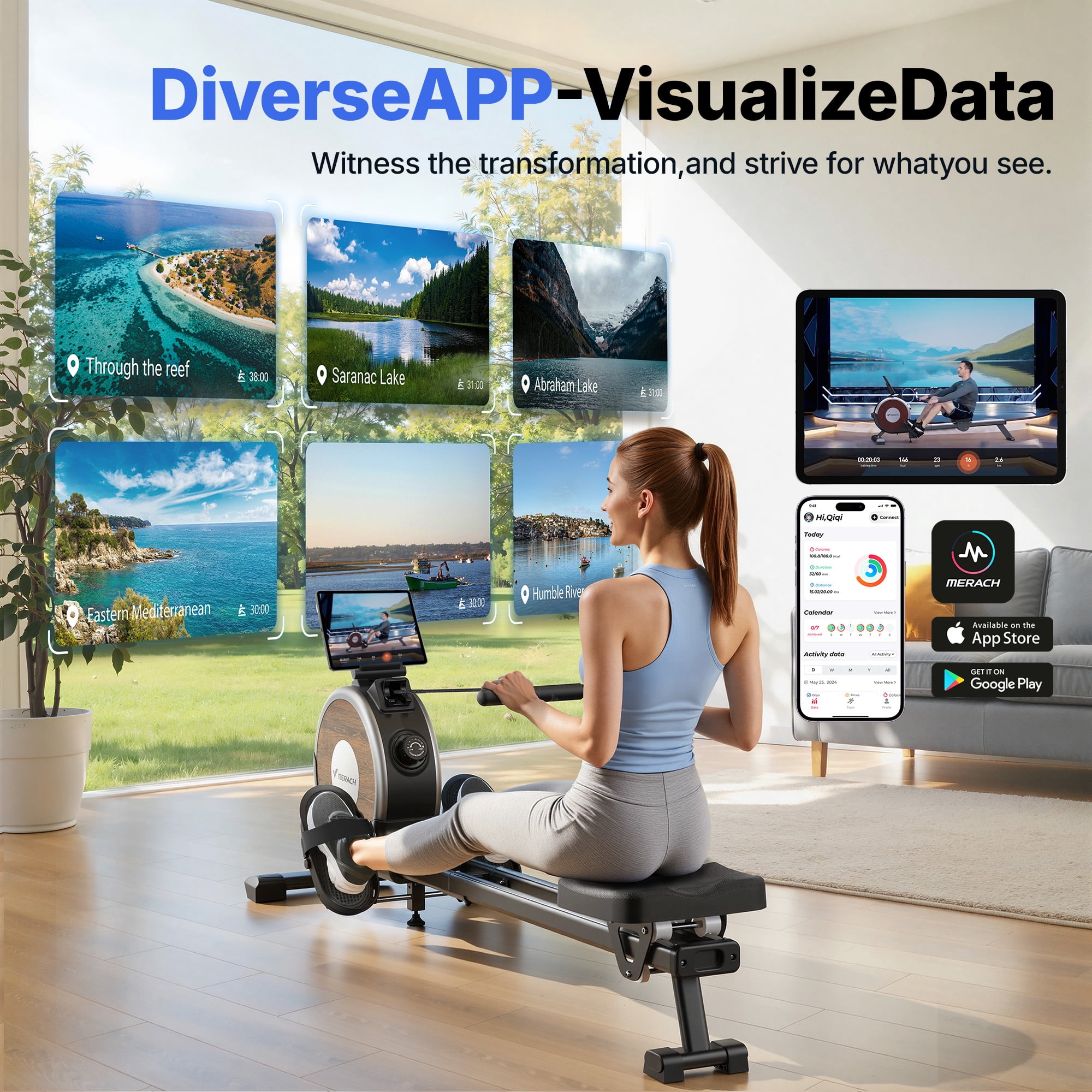 MERACH Magnetic Rowing Machine 350lbs Weight Capacity, 16 Levels of Quiet Resistance, Bluetooth Rowing Machine for Home Workout