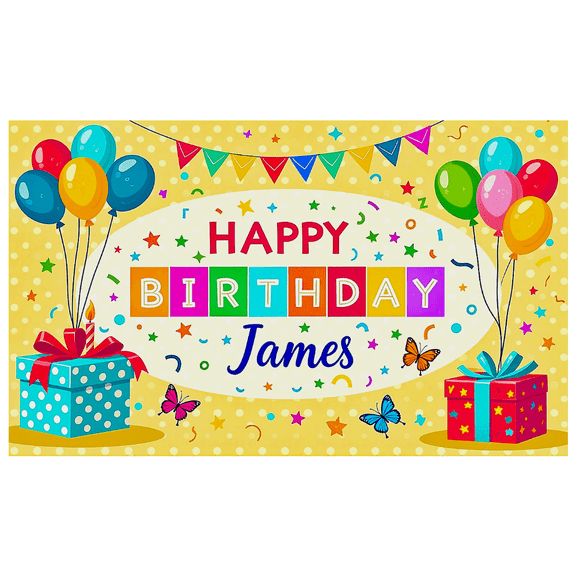 Colorful Personalized Happy Birthday Banner with Balloons Gift Boxes and Stars Background Party Supplies for Birthday Party Decoration Photography Props Photo Booth Decorations
