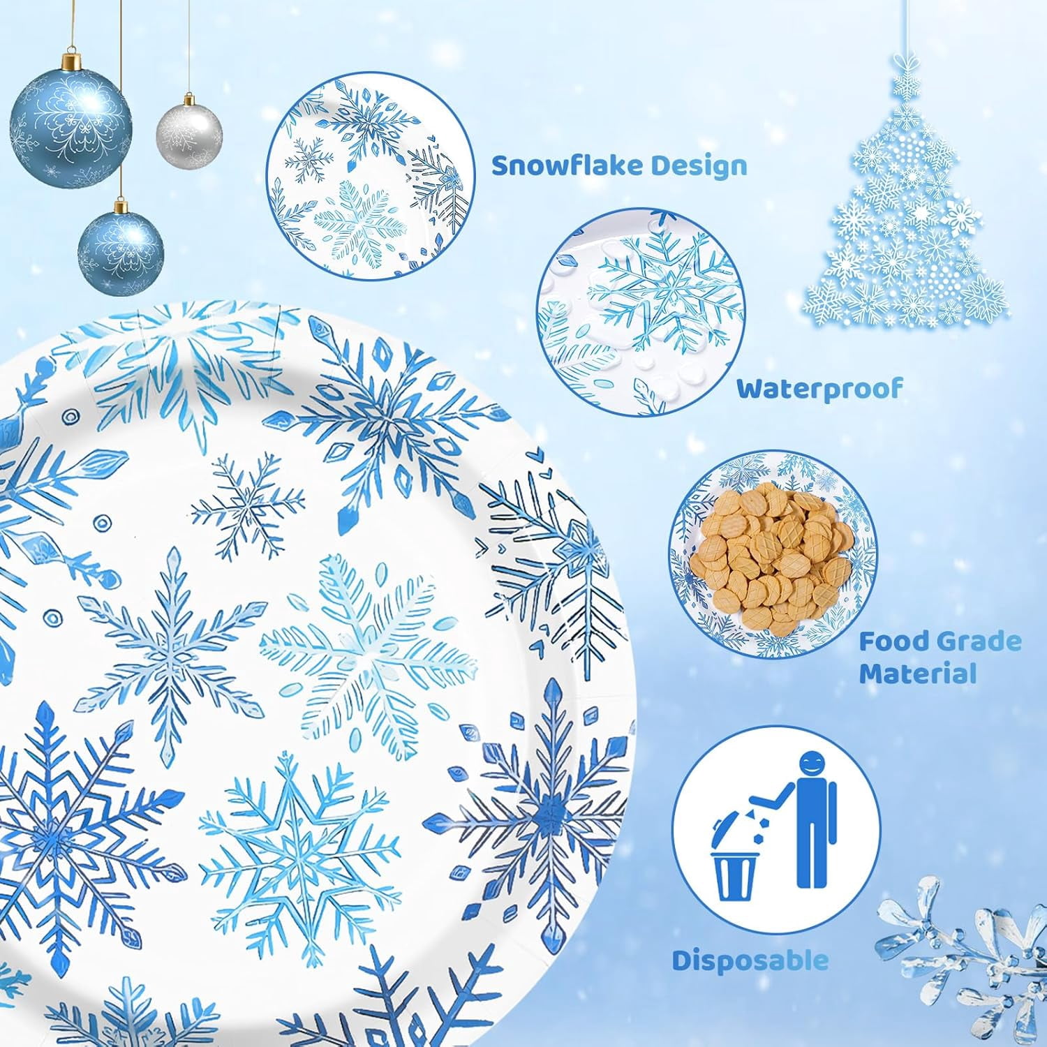 Waipfaru 200 PCS Christmas Party Supplies Disposable Plates Napkins Set,Blue Christmas Tableware Set Dinner Lunch Dessert Appetizer Decoration Xmas Party, Serve 50