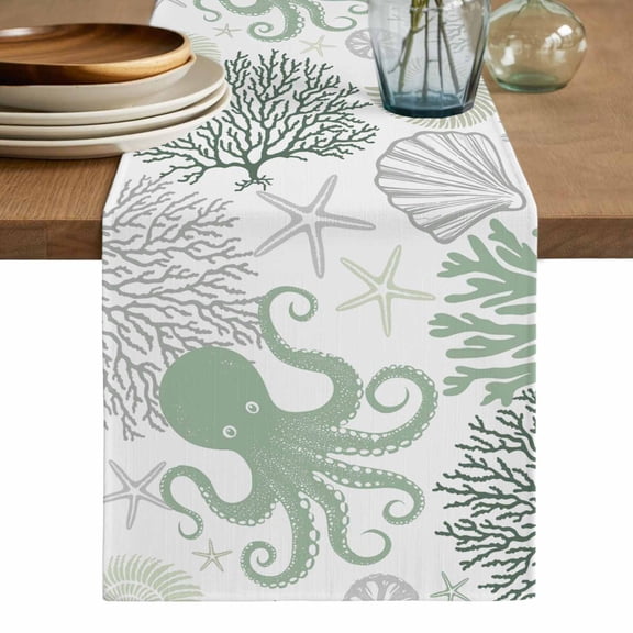 Sage Green Octopus Coastal Table Runner, Nautical Coral Starfish Washable Cotton Linen Table Runners 72 Inches Long, Dresser Scarf Runner for Dining/Coffee/Kitchen/TV Stands/Cabinets 13''x72''