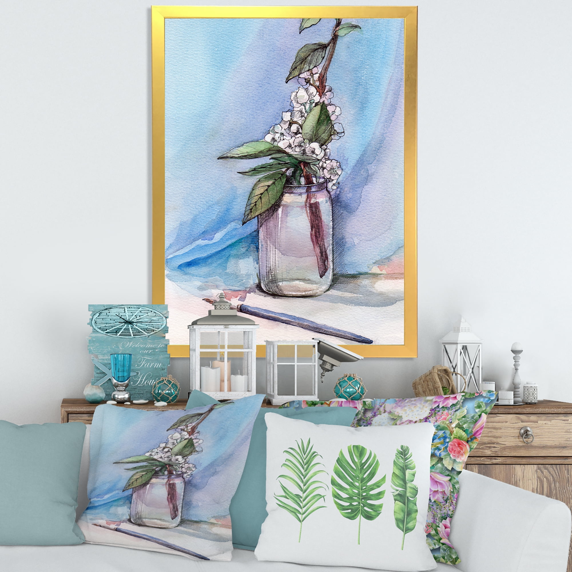Designart 'Cherry Blossom Flowers In Glass Jar' Farmhouse Framed Art Print