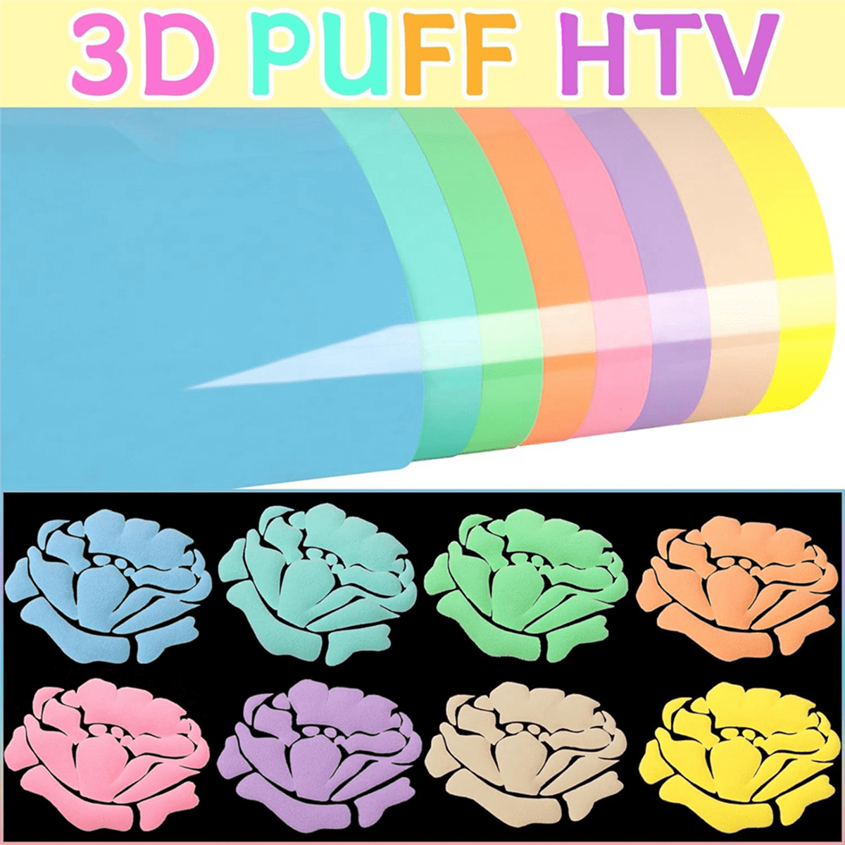 16x Transfer-8 Colors 3D Puff HTV Heat Transfer Vinyl 30X25cm Pastel Colored Puffy Iron-on T-Shirt