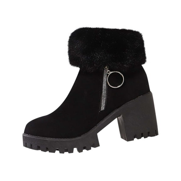 Xfvqtps Womens Chunky Flatform Ankle Boots Velvet Upper with Side Zipper Winter Fashion Block Heel Booties for Height Boost Comfortable Non Slip Sole Shoes Black