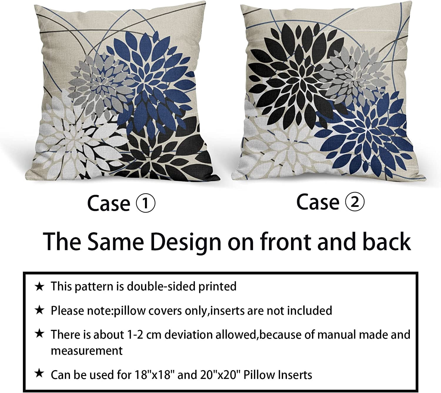 Black Blue Pillow Covers 18x18 Inch Dahlia Flower White Gray Elegant Colored Throw Pillows Farmhouse Outdoor Decor for Home Living Room Sofa Couch Bed Modern Floral Linen Square Cushion Case, Set of 2