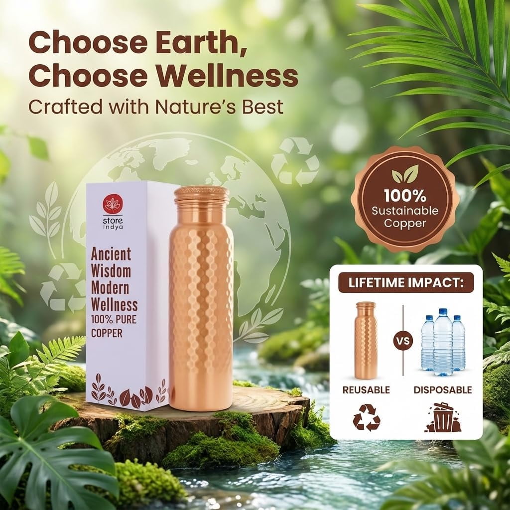 Store Indya 30 oz Copper Water Bottle with Handcrafted, Leak-Proof Lid