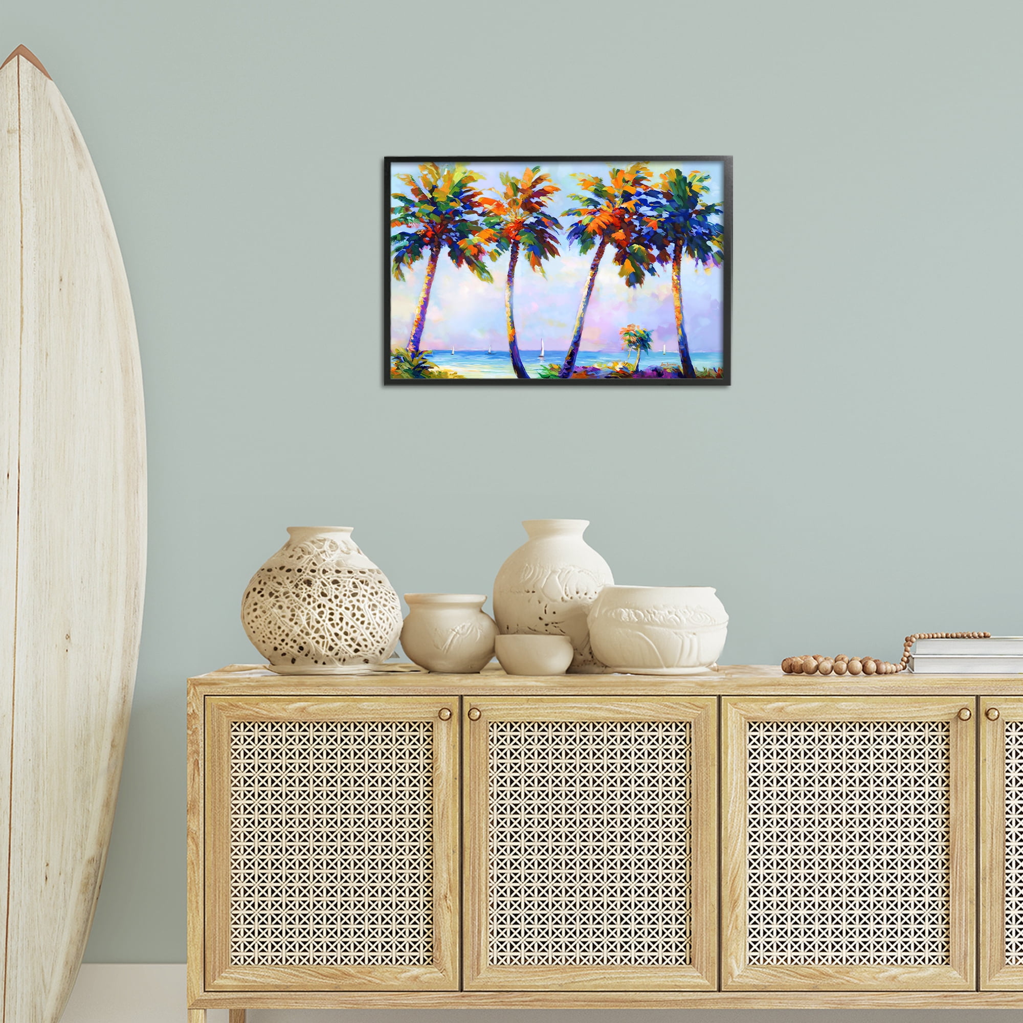 Stupell Industries Palm Trees in Sun Warmth Landscape Painting Black Framed Art Print Wall Art, 24 x 16