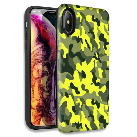 Mundaze Yellow Green Camo Double Layer Hybrid Case Cover For Apple iPhone X XS