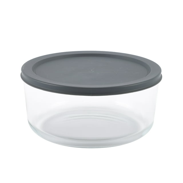 Clear round glass food storage container with a dark gray polyethylene lid and 1.6 liter capacity.