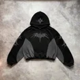 thumbnail image 2 of Sudadera con capucha de gran tamaño con gráficos bordados y costuras negras y grises de estilo hip hop estilo Harajuku Y2K para hombre, ropa informal estilo Joker estilo gótico retro, 2 of 5