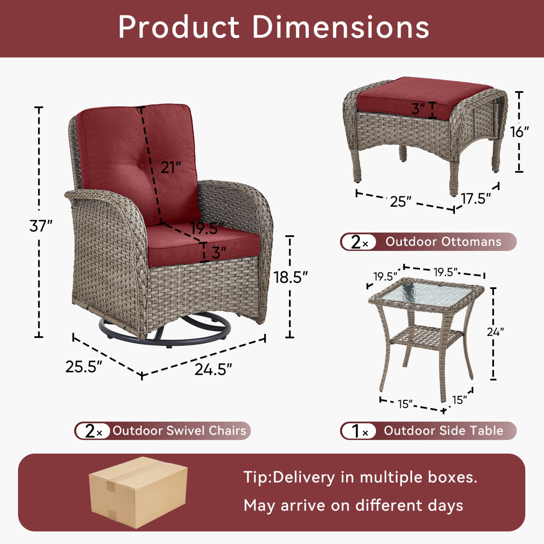 Unnifurnzi 5 Pieces Outdoor Wicker Patio Furniture Set-High Back Outdoor Rocking Chairs Set of 2 with Ottoman Patio Conversation Sets for Deck Lawn Porch Balcony Poolside-Gray/Red