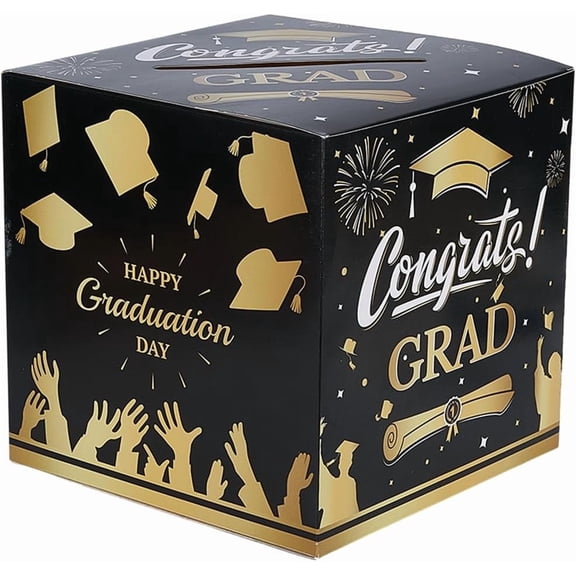 Graduation Card Box Grad Party Favor Boxes Square Black Gold Hats Voting Congrats 3D Foldable Decorative Surprise Paper Container Holder