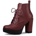 thumbnail image 1 of Unique Bargains Bottes à Plateforme à Lacets à Talon Épais à Bout Rond pour Femme Bourgogne US 7, 1 of 6