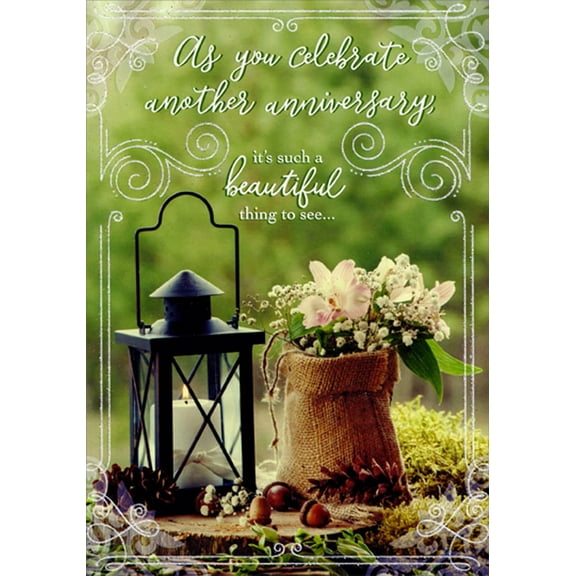 Designer Greetings Candle Lantern and Flowers in Burlap Bag Wedding Anniversary Congratulations Card for Couple