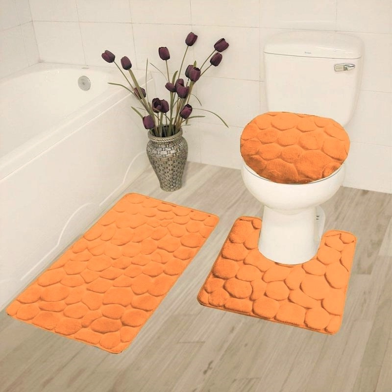 3 Pc ORANGE Bathroom Set Bath Mat RUG, Contour, and Toilet Lid Cover