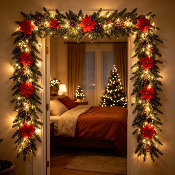 Christmas Garland, Christmas Garland with LED Lights, Pre-Lit Artificial String Lights Christmas Decorative Lighted Garland for Balcony Mantel Stair Handrail Indoor Outdoor Holiday Atmosphere